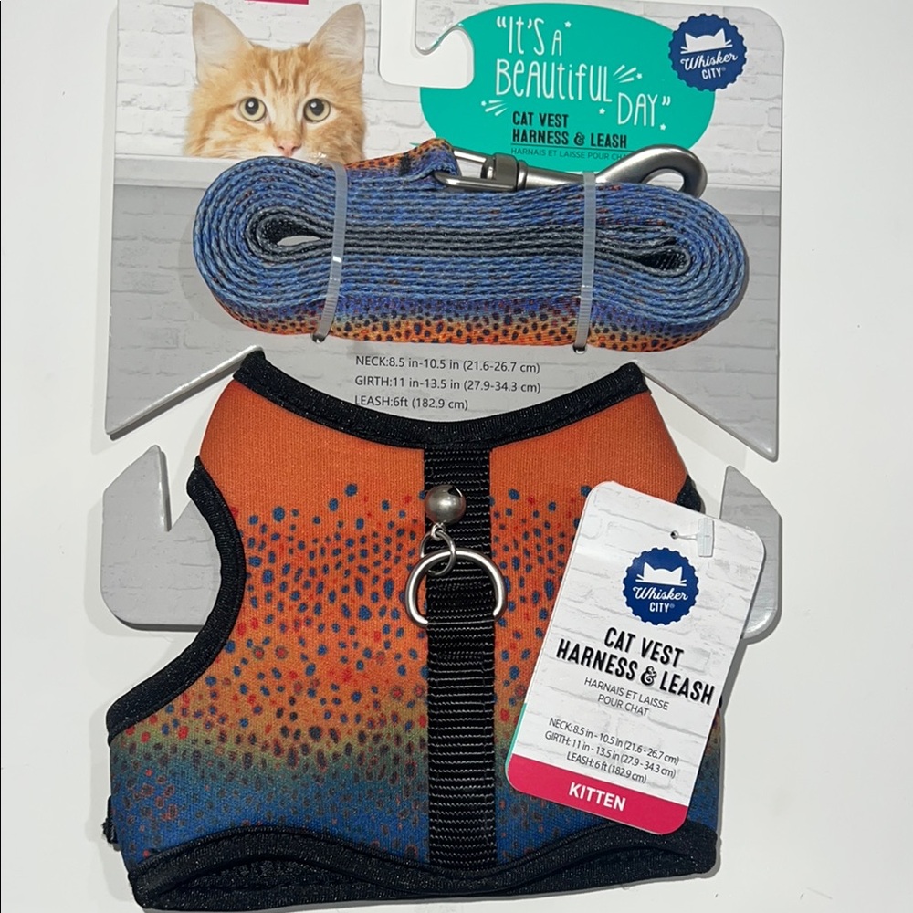Kitten Fish Print Whisker City- Vest Harness & Leash Set with Bell